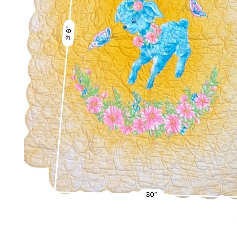 Vintage Kitsch Blue Lamb Baby Blanket Quilted Scalloped Yellow Floral Nursery